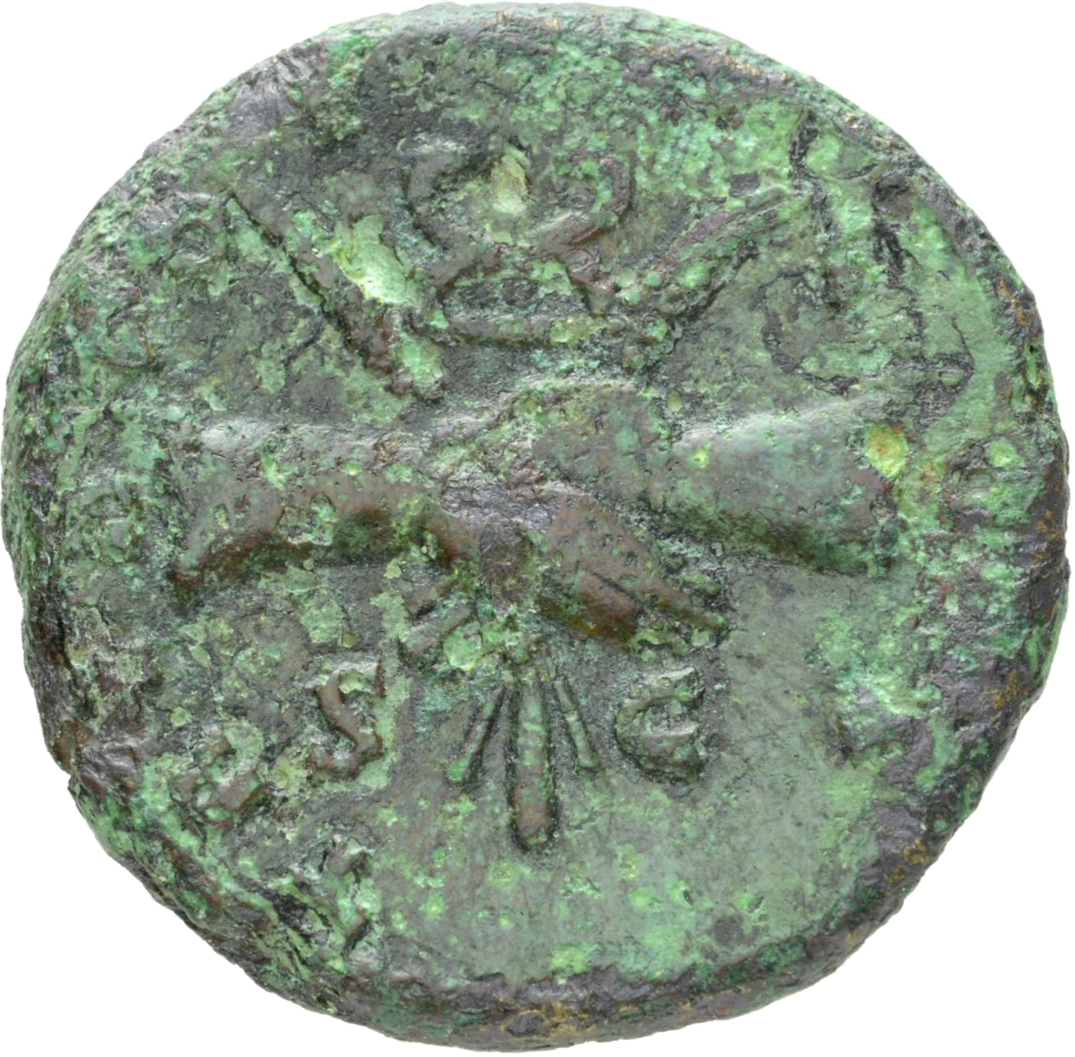 RIC II Hadrian 1088A Hadrian reverse, Zusammengelegte Hände (dextrarum iunctio) halten Merkurstab (caduceus) und Kornähren...