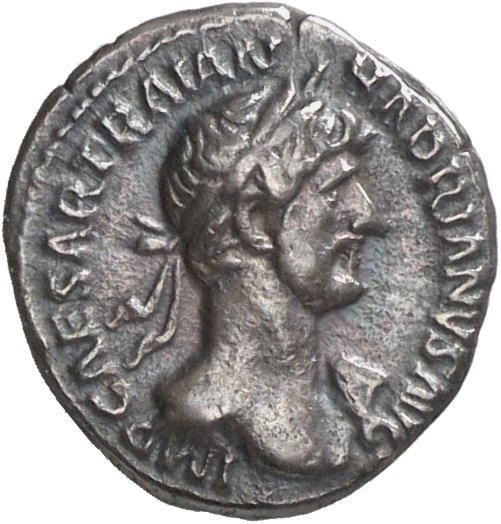 Hadrian obverse — Auf der l. Schulter drapierte Büste des Hadrianus mit Lorbeerkranz in der Brustansicht nach r.