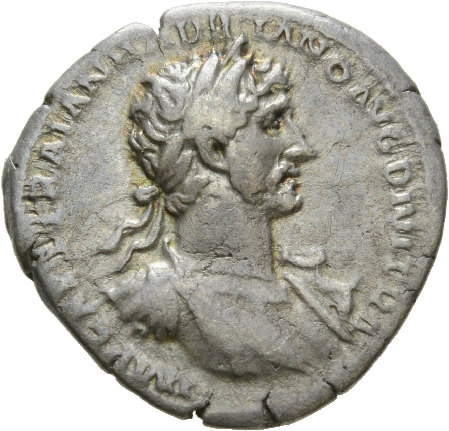 RIC II Hadrian 10c (denarius) Hadrian obverse, Drapierte Panzerbüste des Hadrianus mit Lorbeerkranz in Brustansicht nach r.