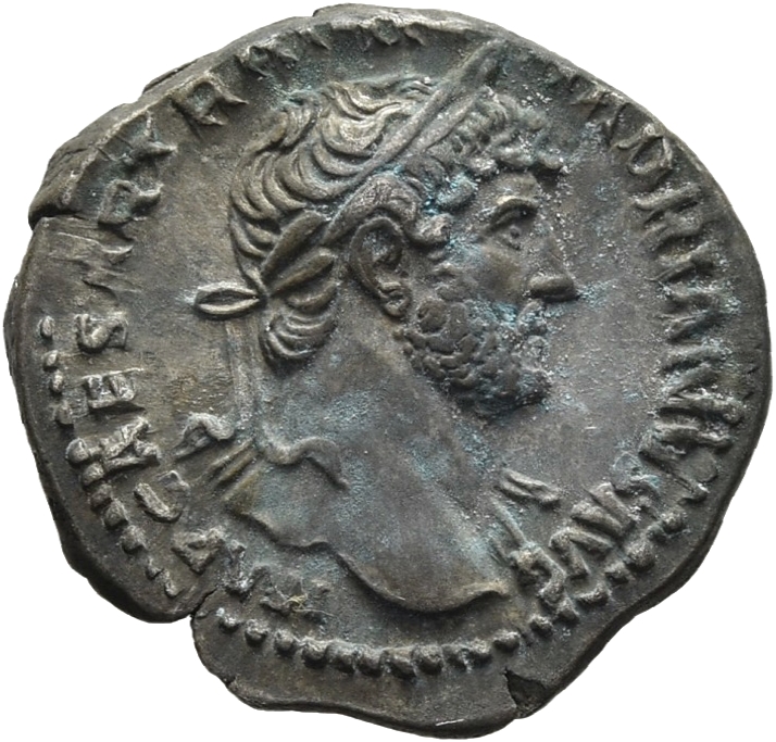 RIC II Hadrian 110a Hadrian obverse, Kopf des Hadrianus mit Lorbeerkranz und Gewandspuren an der l. Schulter nach r.