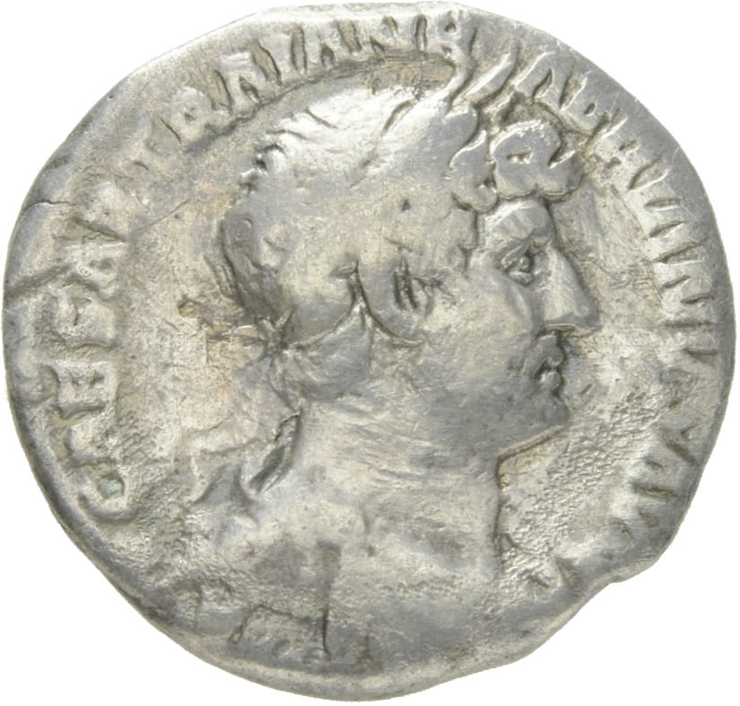 RIC II Hadrian 116b Hadrian obverse, Drapierte Büste des Hadrianus mit Lorbeerkranz in der Brustansicht nach r.