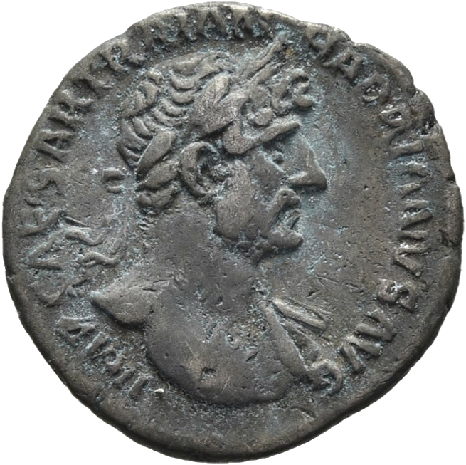 RIC II Hadrian 121 Hadrian obverse, Büste des Hadrianus mit Lorbeerkranz und Gewandspuren an der l. Schulter in der Brusta...