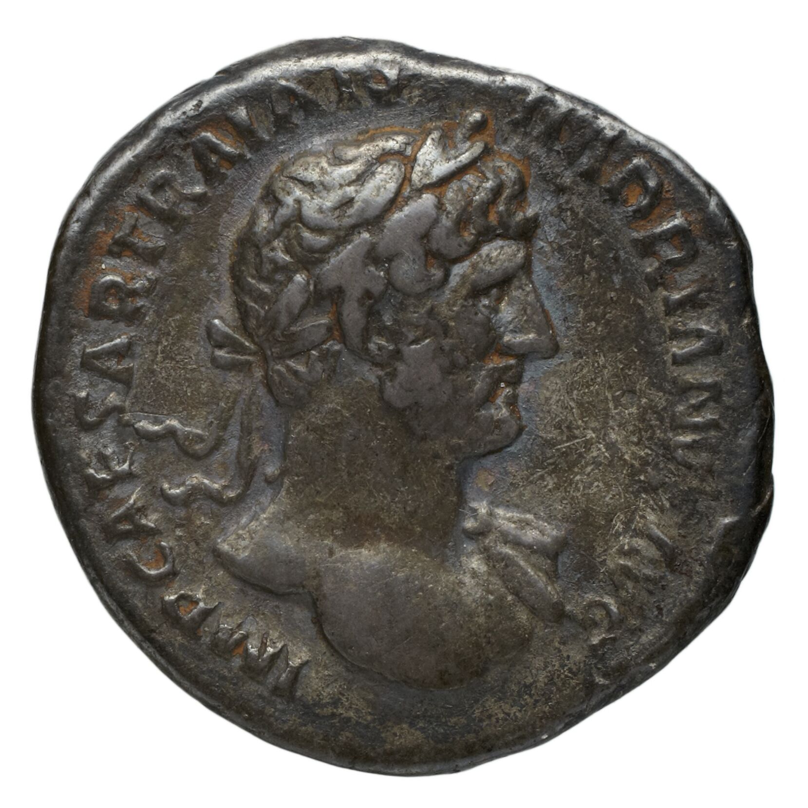 RIC II Hadrian 121 Hadrian obverse — Büste des Hadrianus mit Lorbeerkranz und Gewandspuren an der l. Schulter in der Brust...