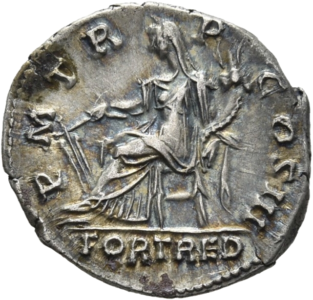 RIC II Hadrian 122b Hadrian reverse, Fortuna sitzt auf einem Stuhl ohne Rückenlehne nach l. Sie hält ein Ruder in ihrer r....