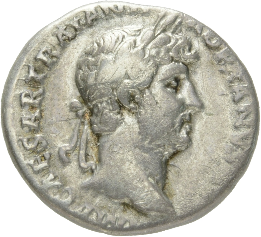 RIC II Hadrian 128a Hadrian obverse, Kopf des Hadrianus mit Lorbeerkranz nach r.