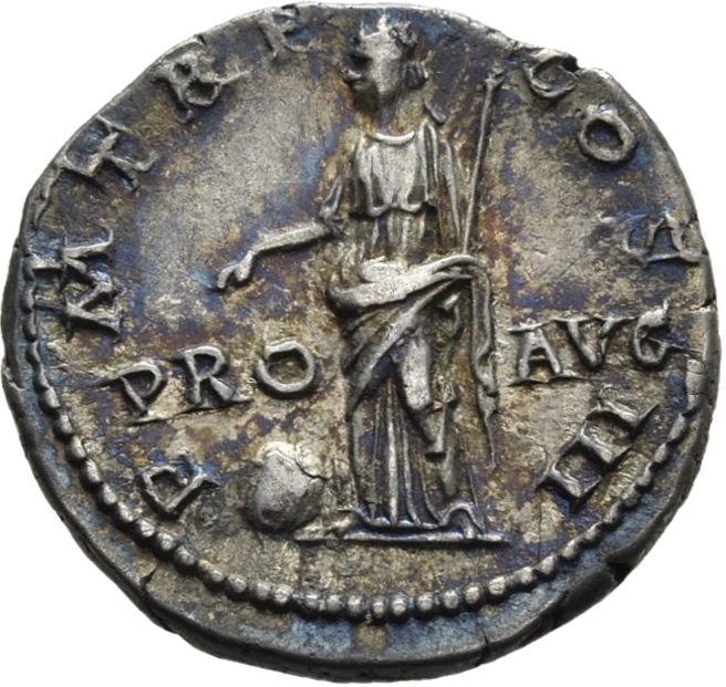 RIC II Hadrian 133a Hadrian reverse, Providentia steht in der Vorderansicht, den Kopf nach l. gewandt. Sie zeigt auf einen...