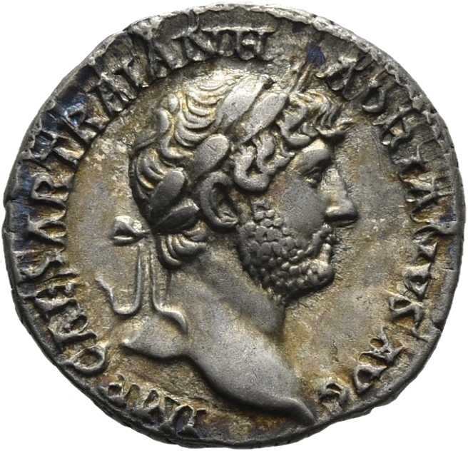 RIC II Hadrian 133a Hadrian obverse, Kopf des Hadrianus mit Lorbeerkranz nach r.