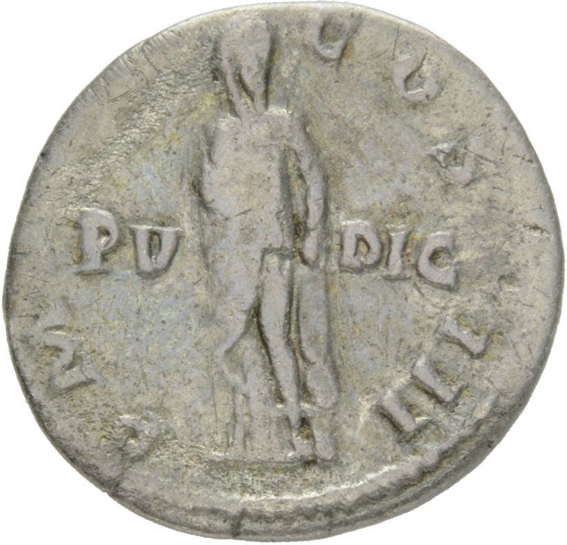 RIC II Hadrian 135a Hadrian reverse, Pudicitia steht in der Vorderansicht, mit der r. Hand fasst sie sich an die Brust. Be...