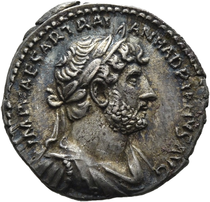 RIC II Hadrian 137C Hadrian obverse, Drapierte Panzerbüste des Hadrianus mit Lorbeerkranz in der Brustansicht nach r.