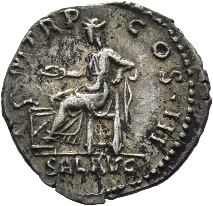 RIC II Hadrian 137C Hadrian reverse, Salus sitzt auf einem Stuhl mit niedriger Rückenlehne nach l. Aus einer Schale (pater...