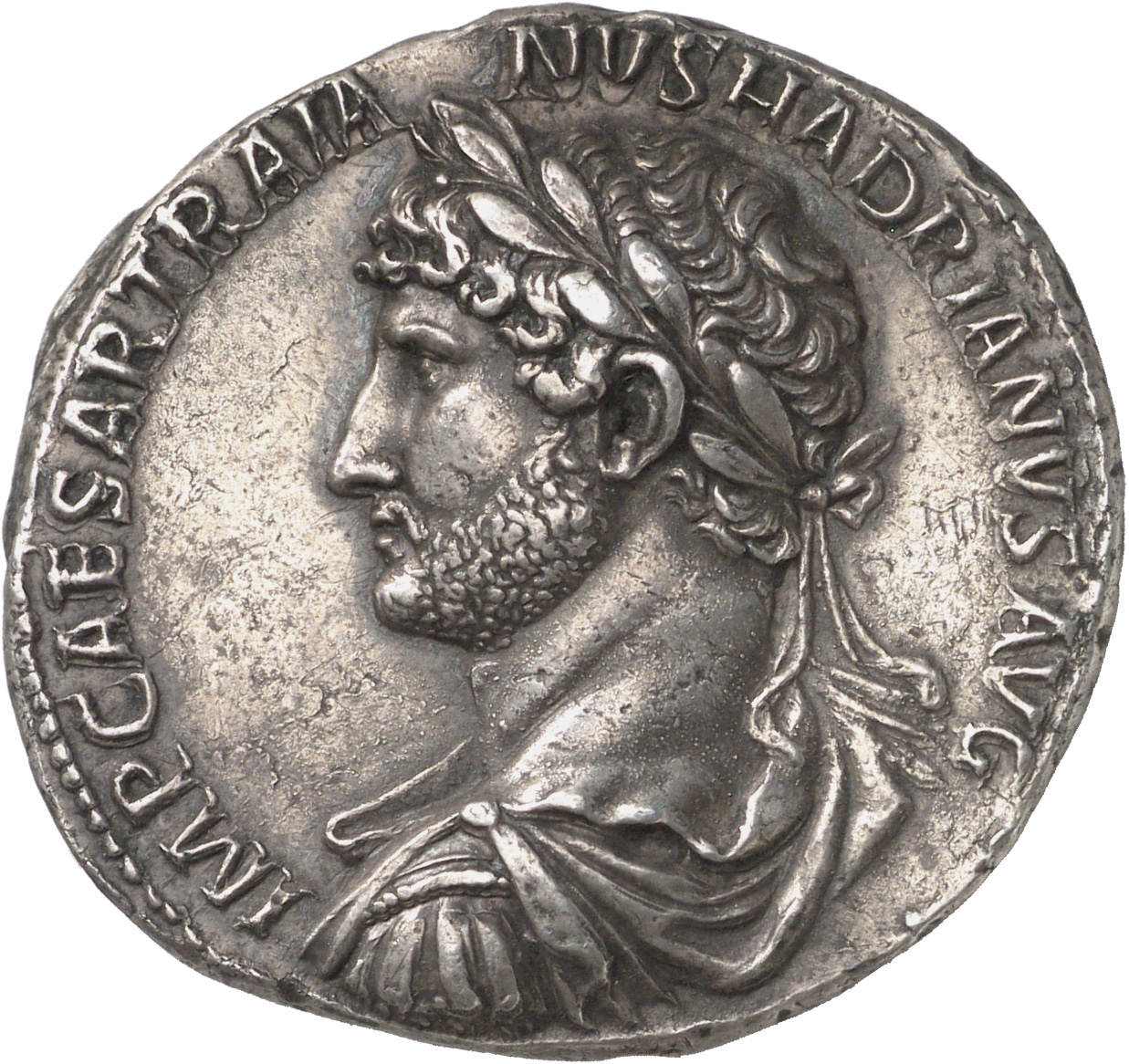 RIC II Hadrian 143 Hadrian obverse, Drapierte Panzerbüste des Hadrianus mit Lorbeerkranz in der Rückenansicht nach l.