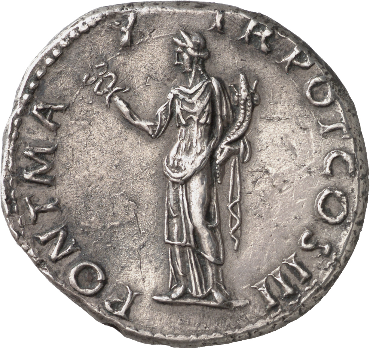 RIC II Hadrian 143 Hadrian reverse, Felicitas steht in der Vorderansicht, den Kopf mit Diadem nach l. gewandt. In der l. A...