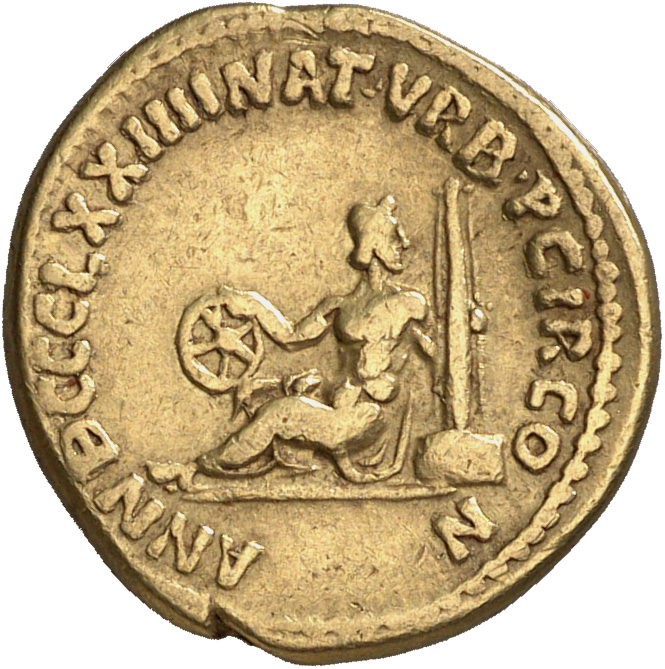 RIC II Hadrian 144 Hadrian reverse, Ein liegender Genius (des Circus) lehnt sich r. an drei Zielsäulen (metae) an und stüt...