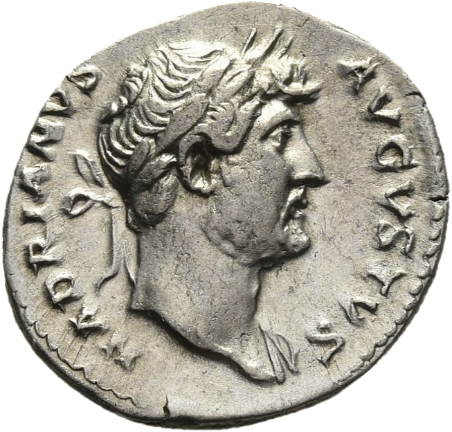 RIC II Hadrian 147d Hadrian obverse, Kopf des Hadrianus mit Lorbeerkranz und Gewandspuren an der l. Schulter nach r.
