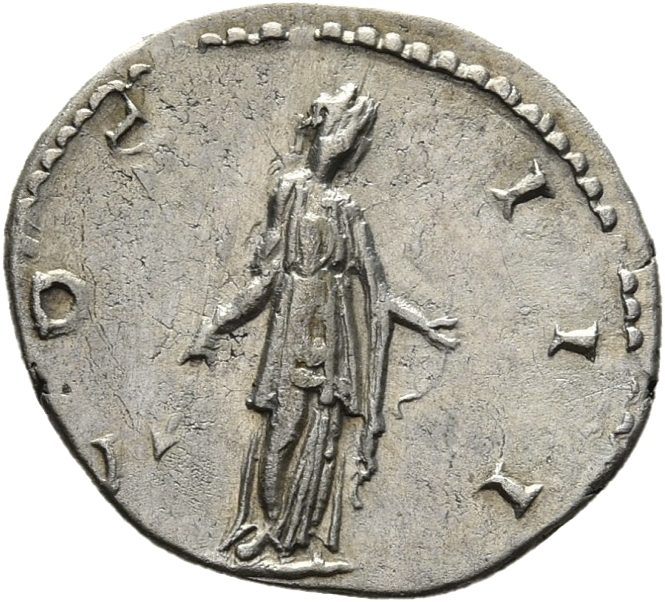 RIC II Hadrian 147d Hadrian reverse, Diana steht in der Vorderansicht, den Kopf nach r. gewandt. Sie hält einen Pfeil in i...