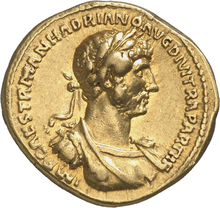 RIC II Hadrian 16 Hadrian obverse, Panzerbüste des Hadrianus mit Lorbeerkranz und Schwertgurt (balteus) in der Brustansich...