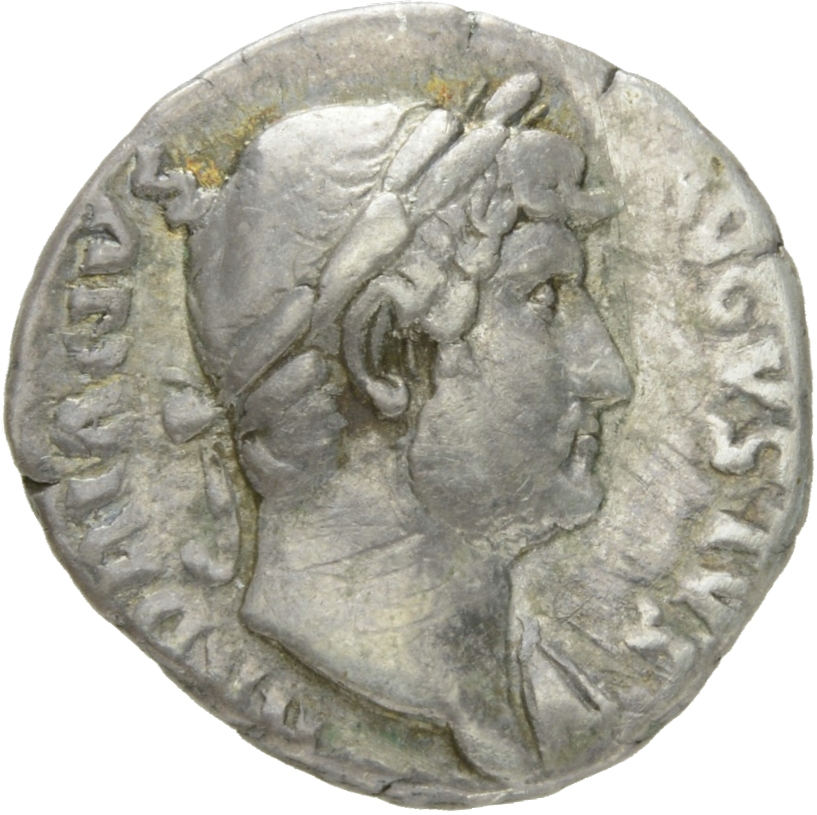 RIC II Hadrian 160d Hadrian obverse, Drapierte Büste des Hadrianus mit Lorbeerkranz in der Brustansicht nach r.