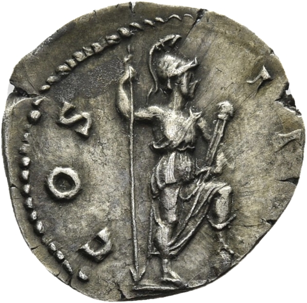 RIC II Hadrian 160d Hadrian reverse, Virtus steht nach r., den l. Fuß auf Helm, in der r. Hand Speer, in der l. Hand Dolch...