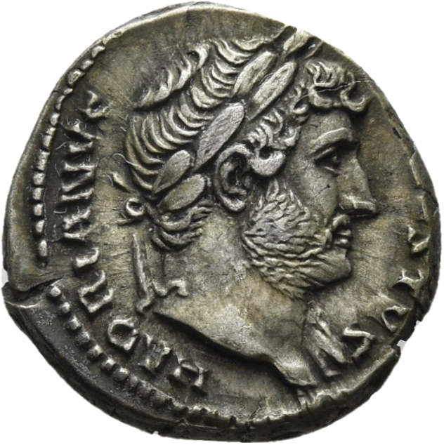 RIC II Hadrian 160d Hadrian obverse — Drapierte Büste des Hadrianus mit Lorbeerkranz in der Brustansicht nach r.