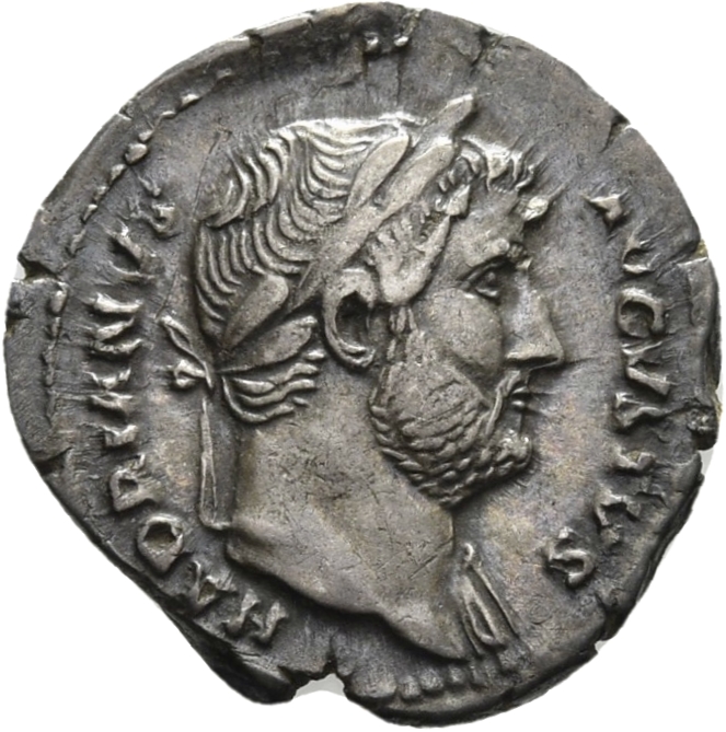RIC II Hadrian 163d Hadrian obverse, Kopf des Hadrianus mit Lorbeerkranz und Gewandspuren an der l. Schulter nach r.