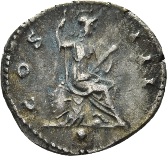 RIC II Hadrian 163d Hadrian reverse, Virtus sitzt auf Kürass nach r. Sie hält einen Speer in ihrer r. Hand und ein Kurzsch...