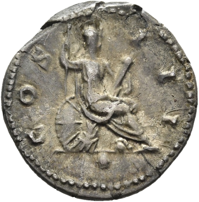 RIC II Hadrian 163d Hadrian reverse — Virtus sitzt auf Kürass nach r. Sie hält einen Speer in ihrer r. Hand und ein Kurzsc...