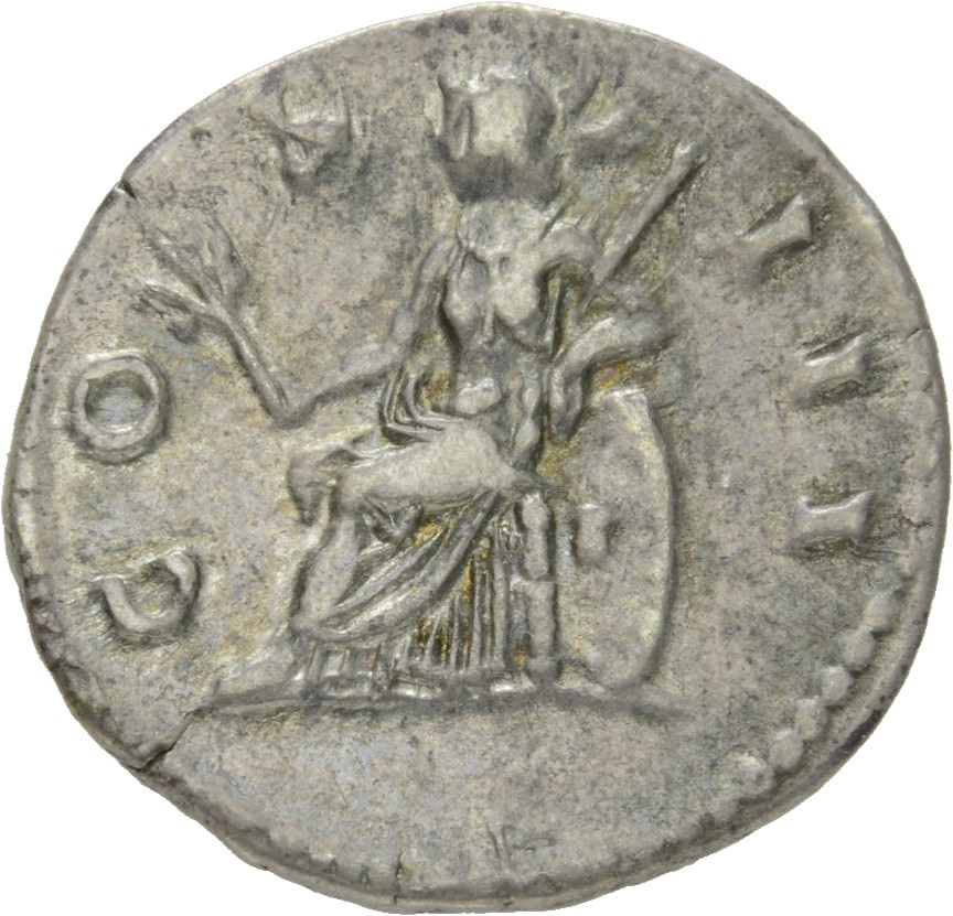RIC II Hadrian 165d Hadrian reverse, Virtus mit Helm und Panzer sitzt auf einem Waffenstapel nach l., in der r. Hand Zweig...