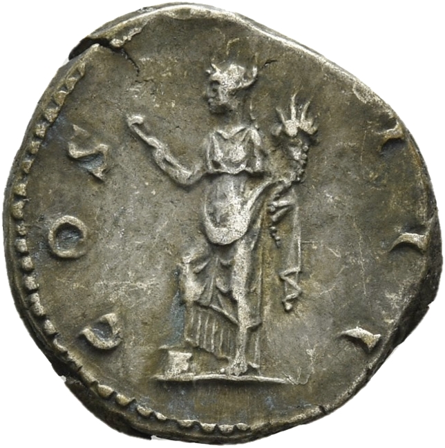 RIC II Hadrian 169d Hadrian reverse, Abundantia/Annona steht in der Vorderansicht, den Kopf nach l., den r. Fuß auf Korb (...