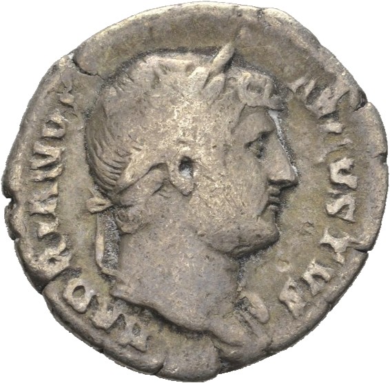 RIC II Hadrian 169d Hadrian obverse — Drapierte Büste des Hadrianus mit Lorbeerkranz in der Brustansicht nach r.
