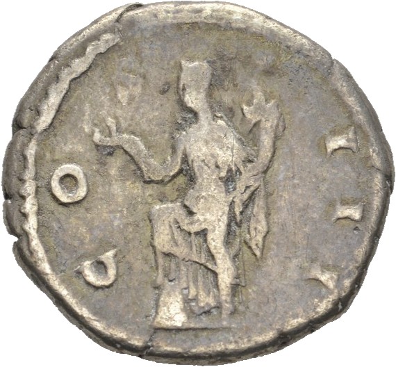 RIC II Hadrian 169d Hadrian reverse — Abundantia/Annona steht in der Vorderansicht, den Kopf nach l., den r. Fuß auf Korb ...
