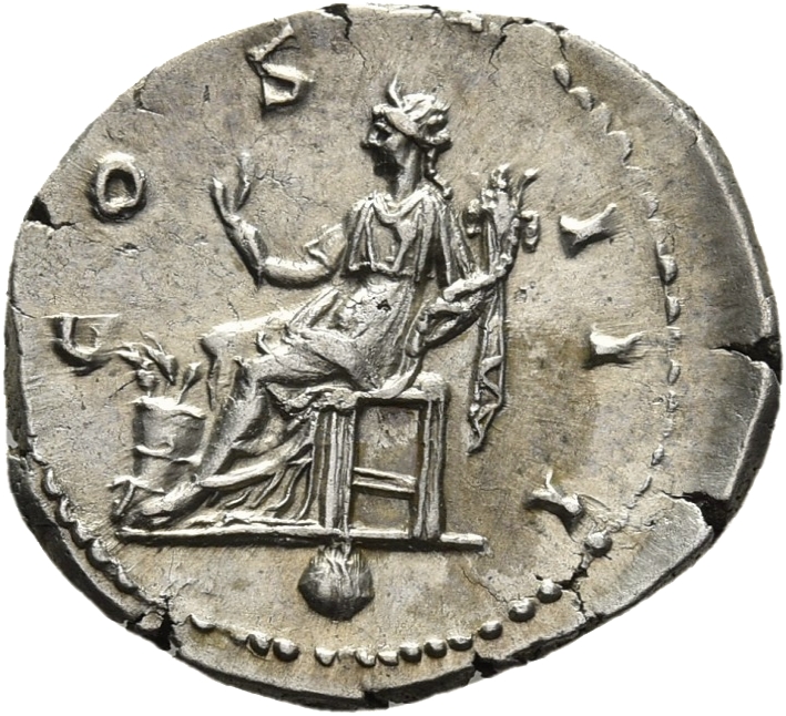 RIC II Hadrian 171d Hadrian reverse — Abundantia/Annona sitzt nach l., in der r. Hand Haken, in der l. Hand Füllhorn (corn...