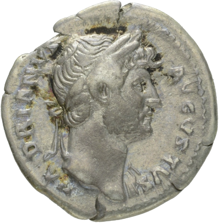 RIC II Hadrian 172d Hadrian obverse, Drapierte Büste des Hadrianus mit Lorbeerkranz in der Brustansicht nach r.