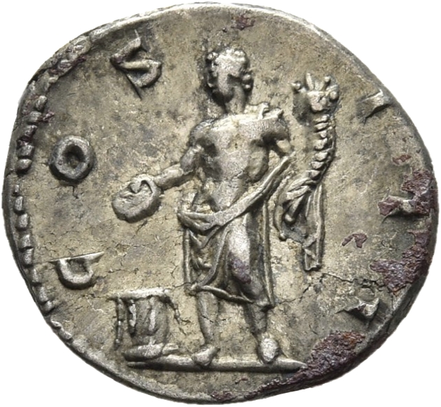 RIC II Hadrian 173d Hadrian reverse, Genius steht in der Vorderansicht, den Kopf nach l. gewandt. Aus einer Schale (patera...