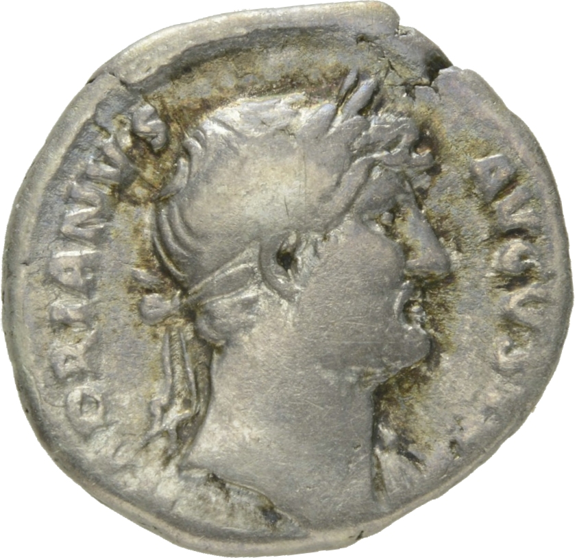 RIC II Hadrian 175d Hadrian obverse, Drapierte Büste des Hadrianus mit Lorbeerkranz in der Brustansicht nach r.