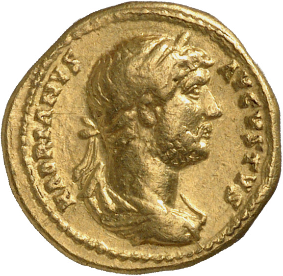 RIC II Hadrian 180 Hadrian obverse, Drapierte Büste des Hadrianus mit Lorbeerkranz in der Rückenansicht nach r.