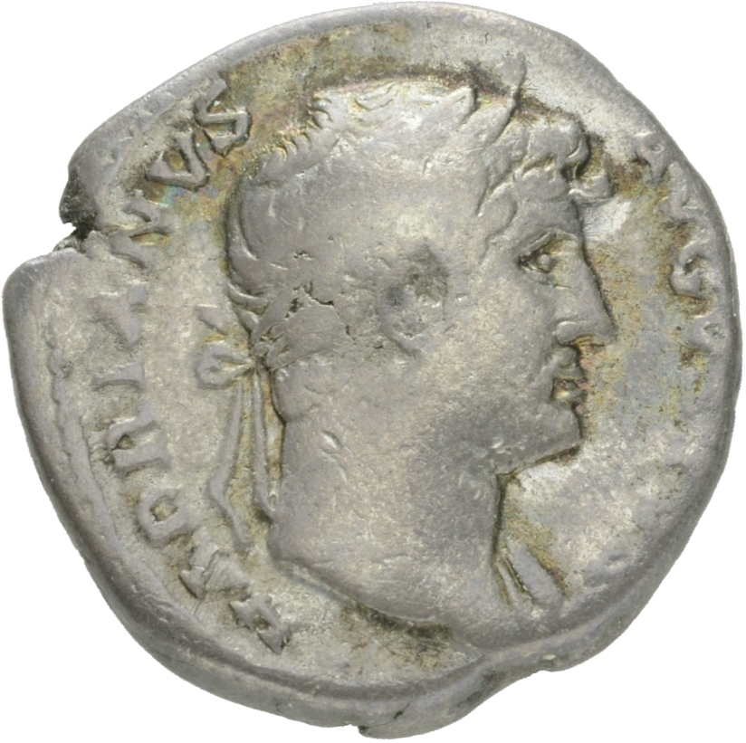 RIC II Hadrian 181d (denarius) Hadrian obverse, Drapierte Büste des Hadrianus mit Lorbeerkranz in der Brustansicht nach r.