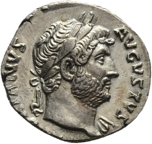 RIC II Hadrian 182d Hadrian obverse, Kopf des Hadrianus mit Lorbeerkranz und Gewandspuren an der l. Schulter nach r.