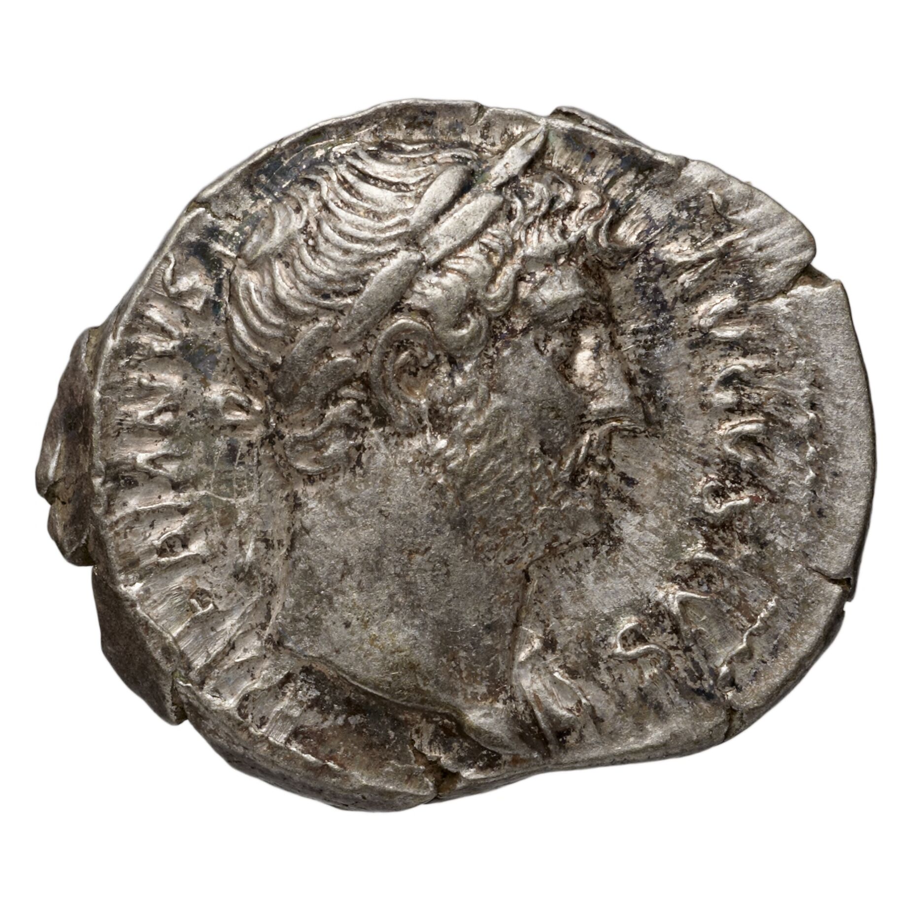 RIC II Hadrian 184 Hadrian obverse, Drapierte Büste des Hadrianus mit Lorbeerkranz in der Brustansicht nach r.