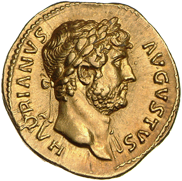 RIC II Hadrian 193d Hadrian obverse, Kopf des Hadrianus mit Lorbeerkranz nach r., an der l. Schulter drapiert.