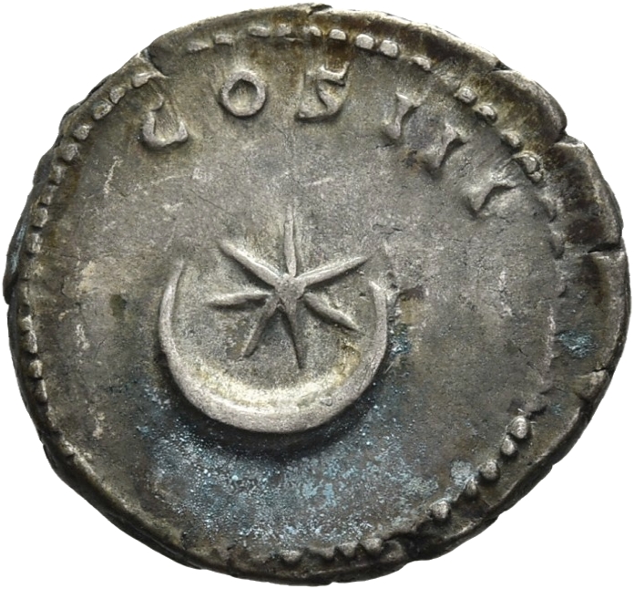 RIC II Hadrian 200d Hadrian reverse, Mondsichel, darüber ein siebenstrahliger Stern.