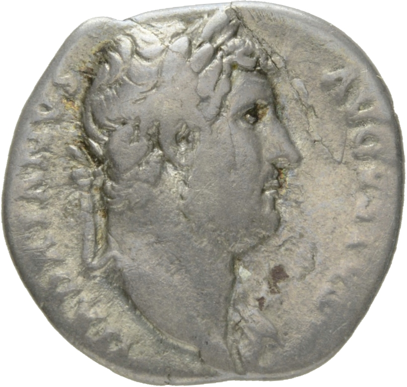 RIC II Hadrian 216e Hadrian obverse, Drapierte Büste des Hadrianus mit Lorbeerkranz in der Brustansicht nach r.