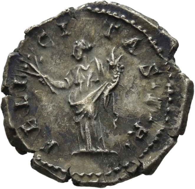 RIC II Hadrian 238a Hadrian reverse, Felicitas steht in der Vorderansicht, den Kopf nach l. gewandt. Sie hält einen Zweig ...
