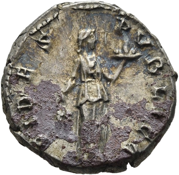 RIC II Hadrian 241Aa Hadrian reverse, Fides steht in der Vorderansicht, den Kopf nach r. Hält in der r. Hand Ähren und auf...