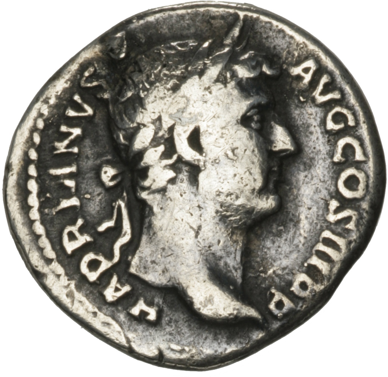 RIC II Hadrian 247a Hadrian obverse, Kopf des Hadrian mit Lorbeerkranz nach rechts.