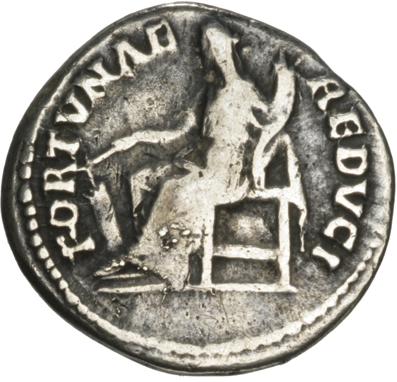 RIC II Hadrian 247a Hadrian reverse, Fortuna mit Ruder und Füllhorn (cornucopiae) nach links thronend.