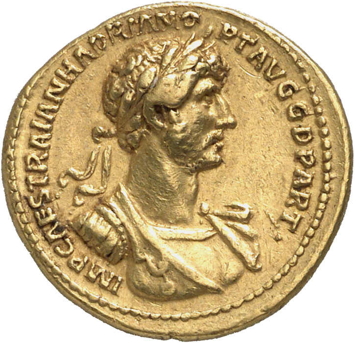 RIC II Hadrian 24B Hadrian obverse, Gepanzerte Büste des Hadrianus mit Lorbeerkranz und umgehängtem Schwertgurt (balteus) ...