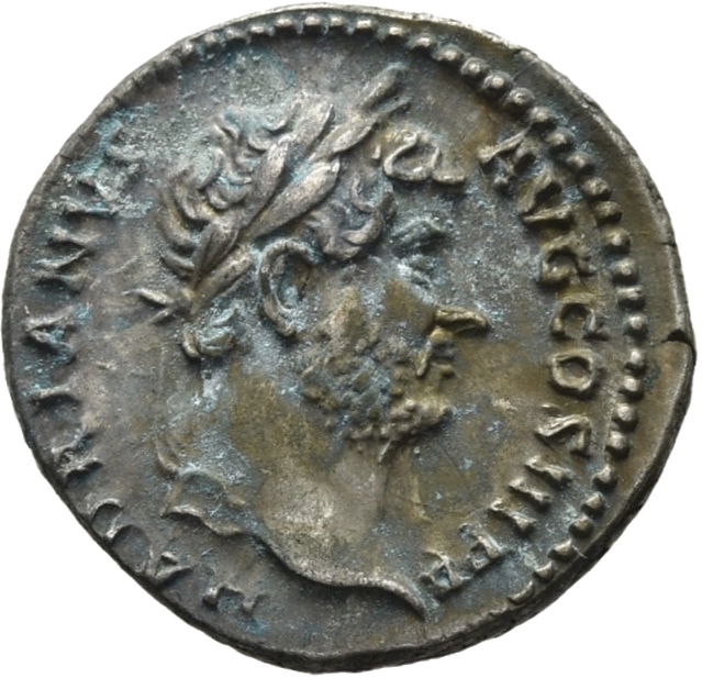 RIC II Hadrian 253d Hadrian obverse, Kopf des Hadrianus mit Lorbeerkranz nach r.