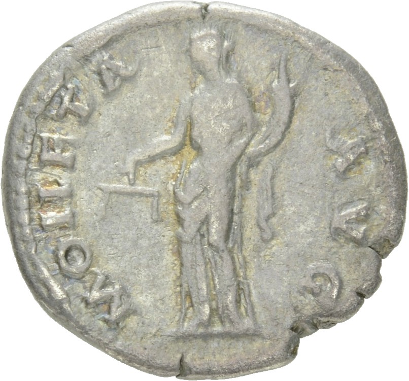RIC II Hadrian 256a (denarius) Hadrian reverse, Moneta steht in der Vorderansicht, Kopf nach l. Hält in der r. Hand eine W...