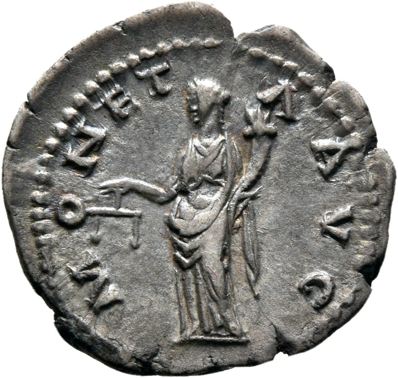 RIC II Hadrian 256a (denarius) Hadrian reverse, Moneta steht in der Vorderansicht, Kopf nach l. Hält in der r. Hand eine W...