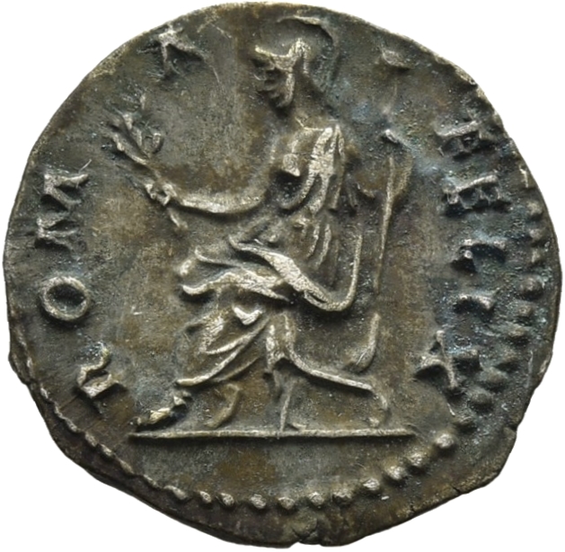 RIC II Hadrian 264d Hadrian reverse, Roma sitzt l. in einem Amtsstuhl (sella curulis). Sie hält einen Zweig in ihrer r. Ha...